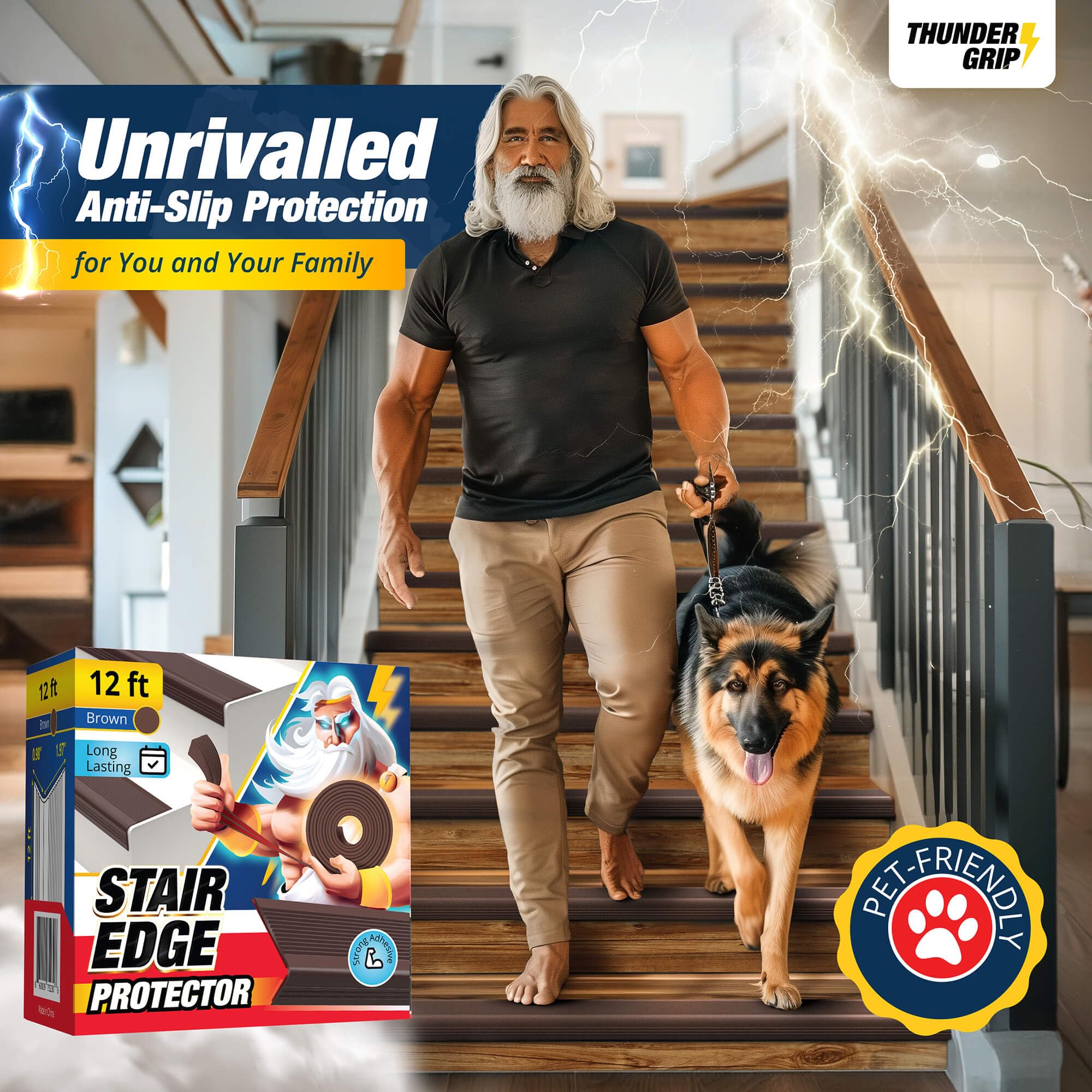 THUNDER GRIP waterproof stair trim; ideal for damp exterior stairs.