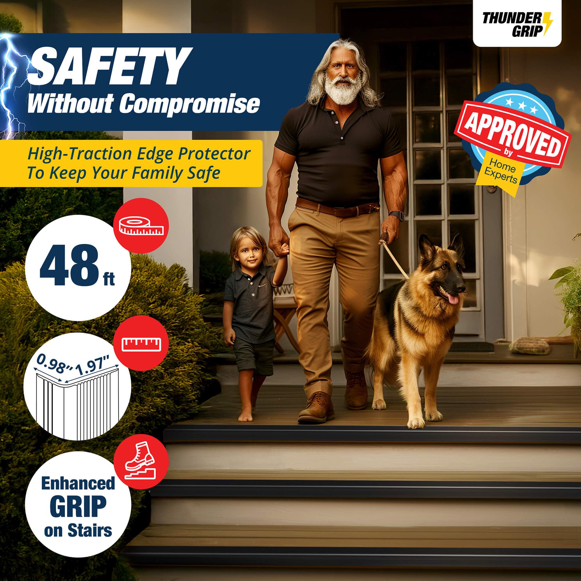 THUNDER GRIP waterproof stair trim protects indoor and outdoor steps.