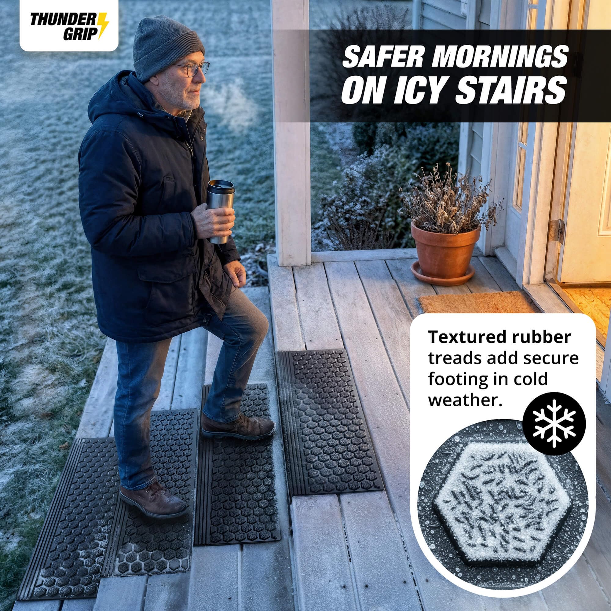 Thunder Grip anti-slip treads install easily on steps for quick safety upgrades.