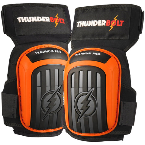 Thunderbolt knee pads closeup shows double gel comfort for kneeling tasks.