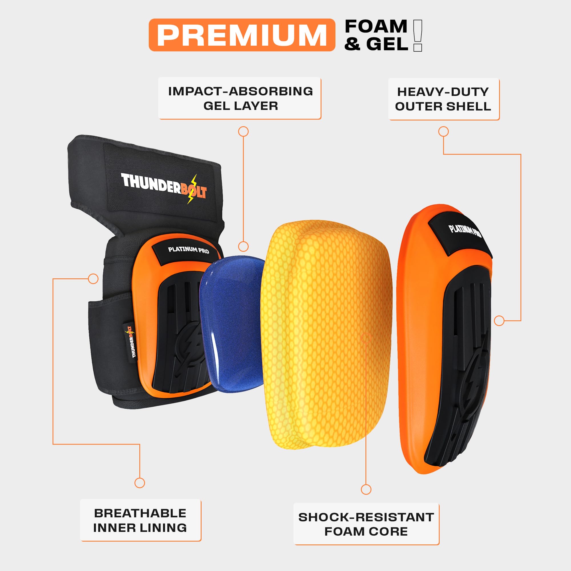 Thunderbolt knee pads offer ergonomic support for the knee area.