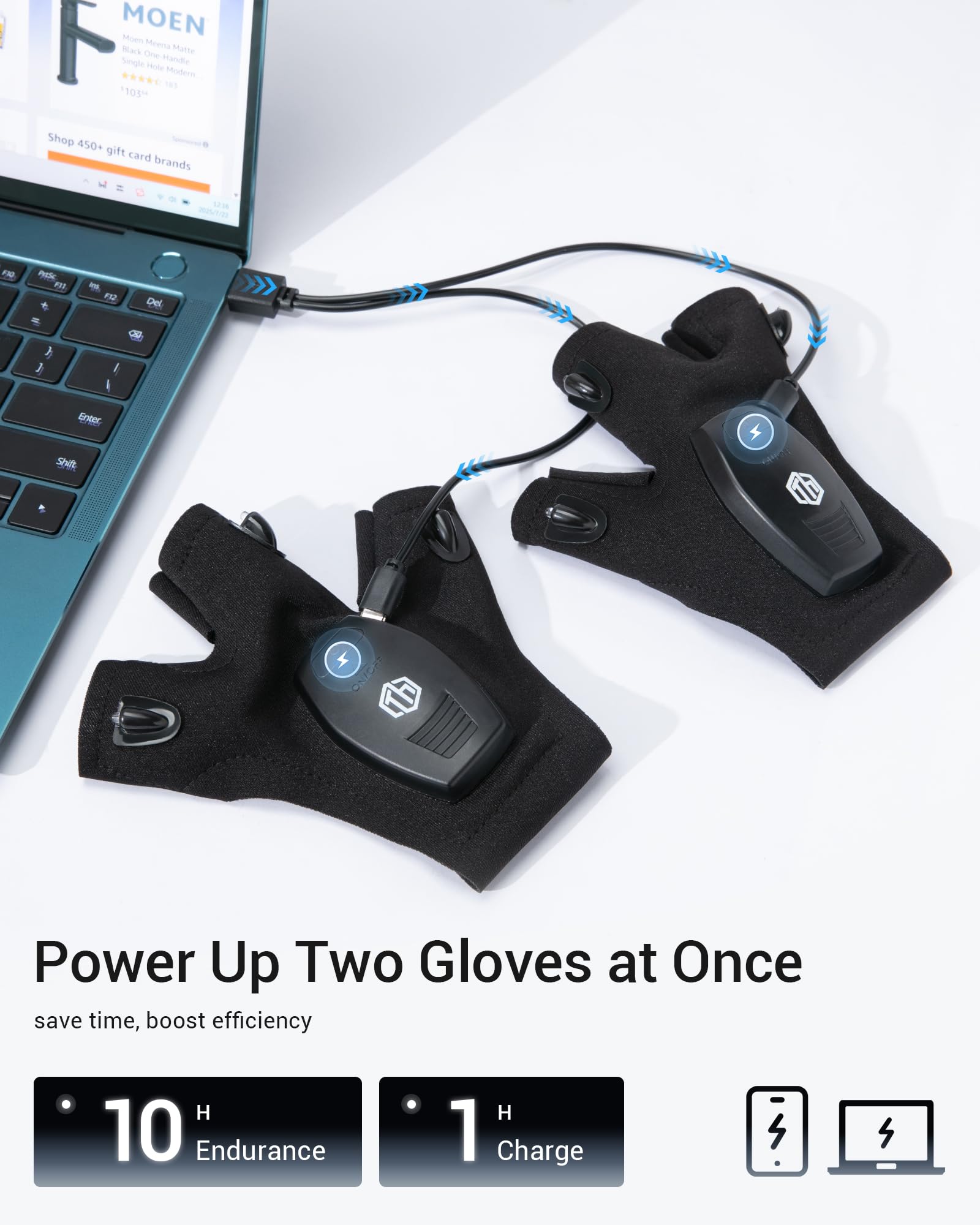 ThxToms flashlight gloves with USB-C fast charging for quicker top-ups.