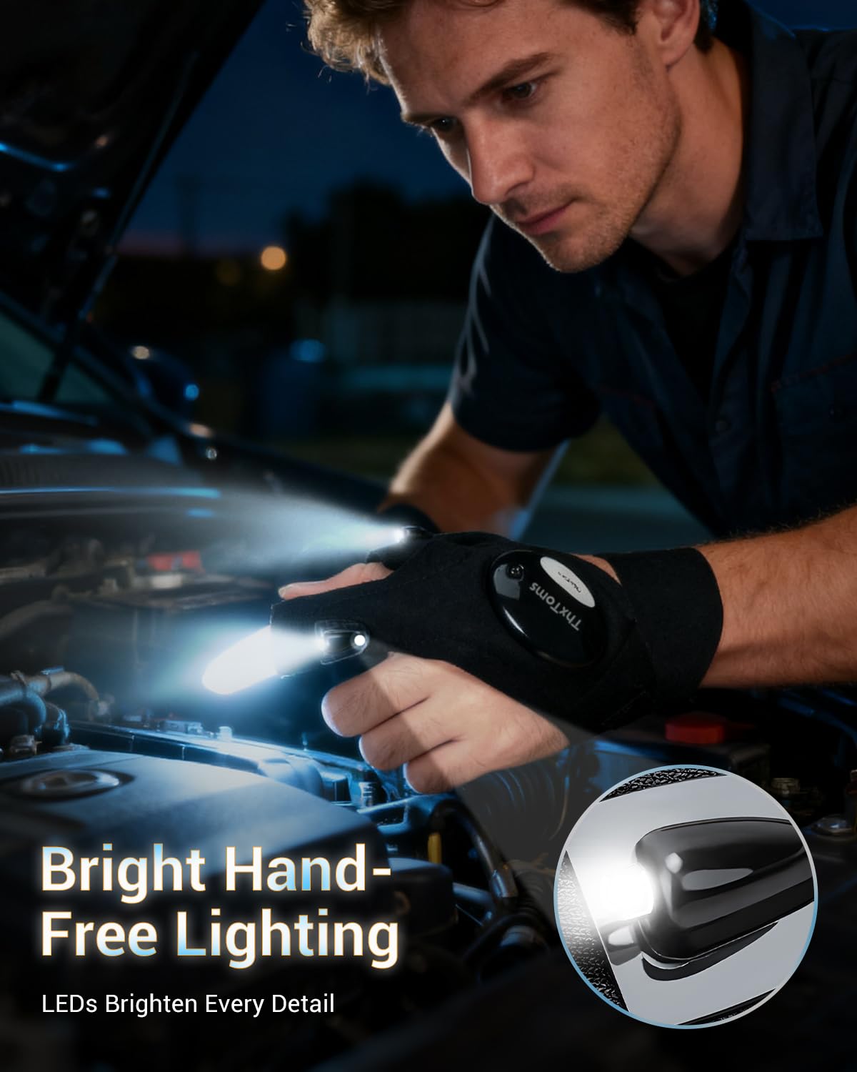 ThxToms LED gloves shown as camping gear with built-in light.