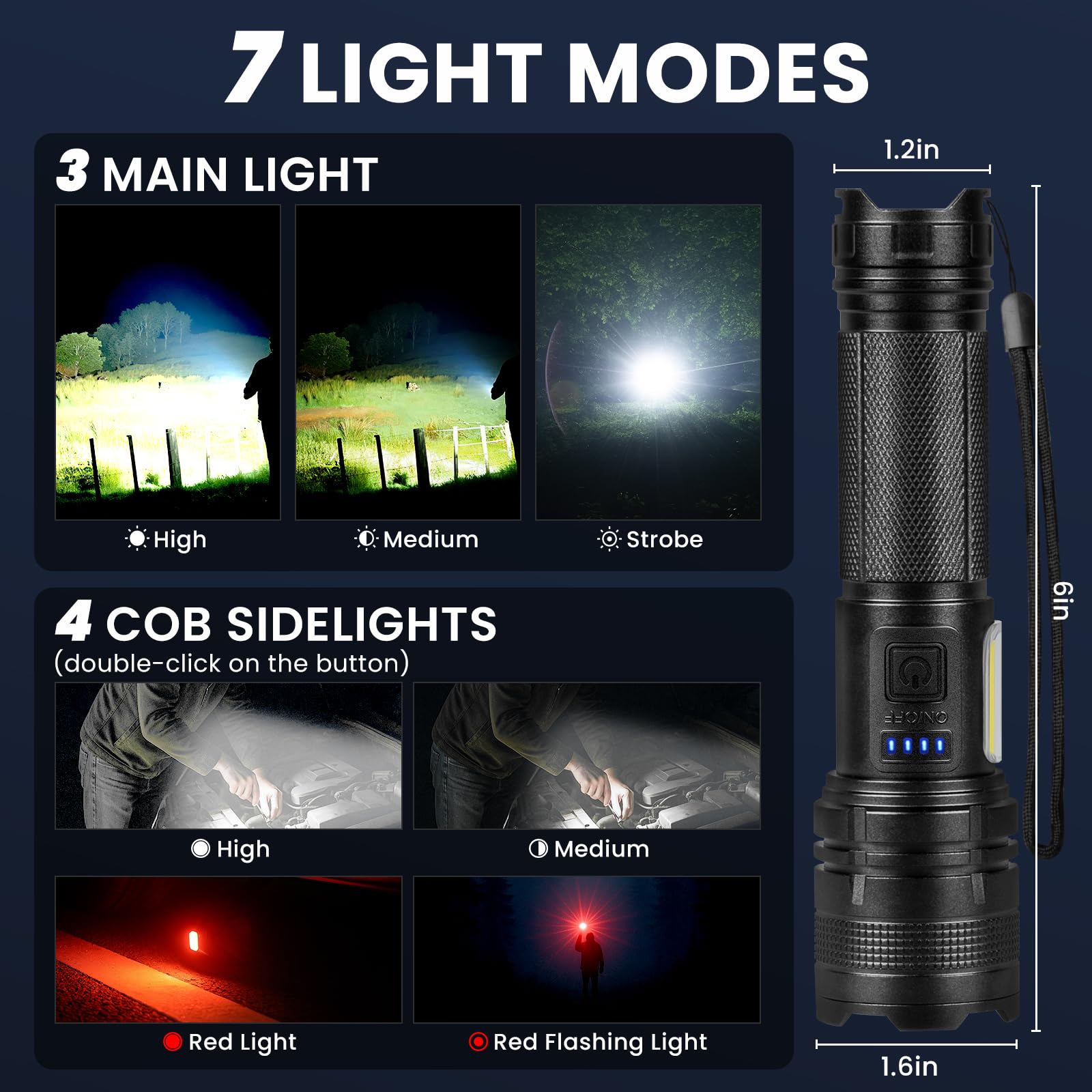 THY TRY flashlight showing seven modes and COB side lights for versatile needs