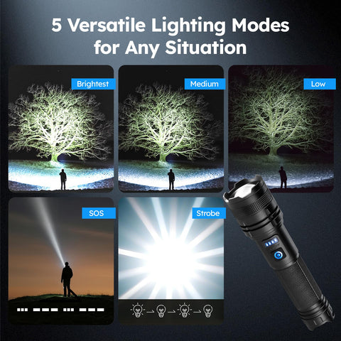 THY TRY flashlight with adjustable focus beam for long-range or wide illumination