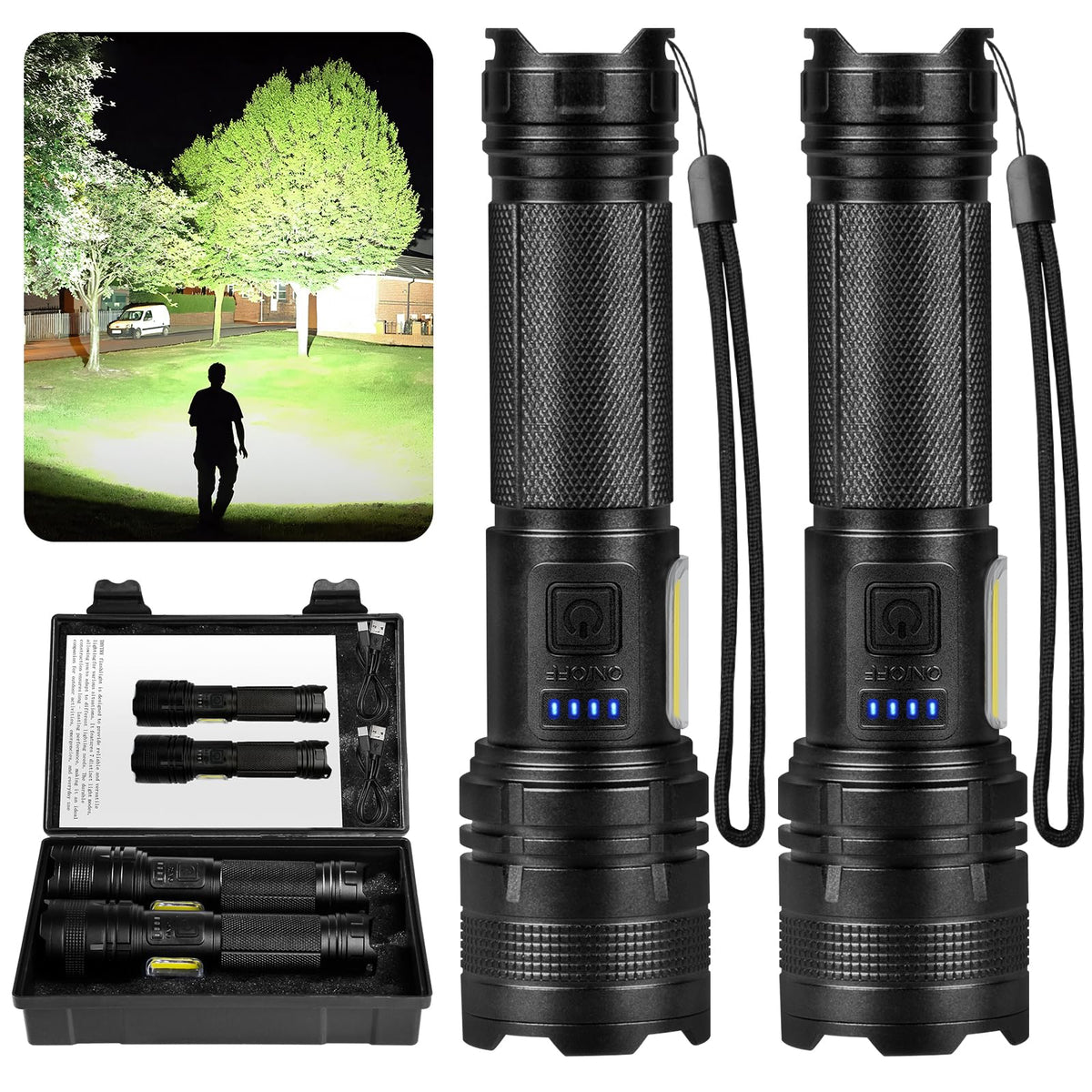 THY TRY rechargeable LED flashlight with 90,000 lumens for long-range clarity