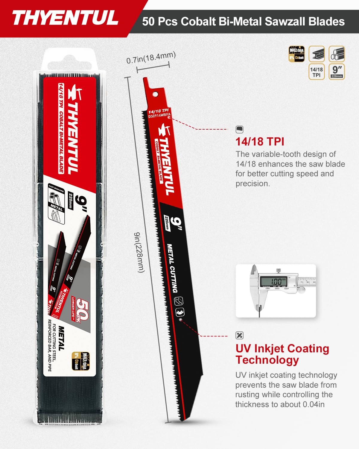 THYENTUL 14-18 TPI teeth close-up showing cobalt durability for tough metals