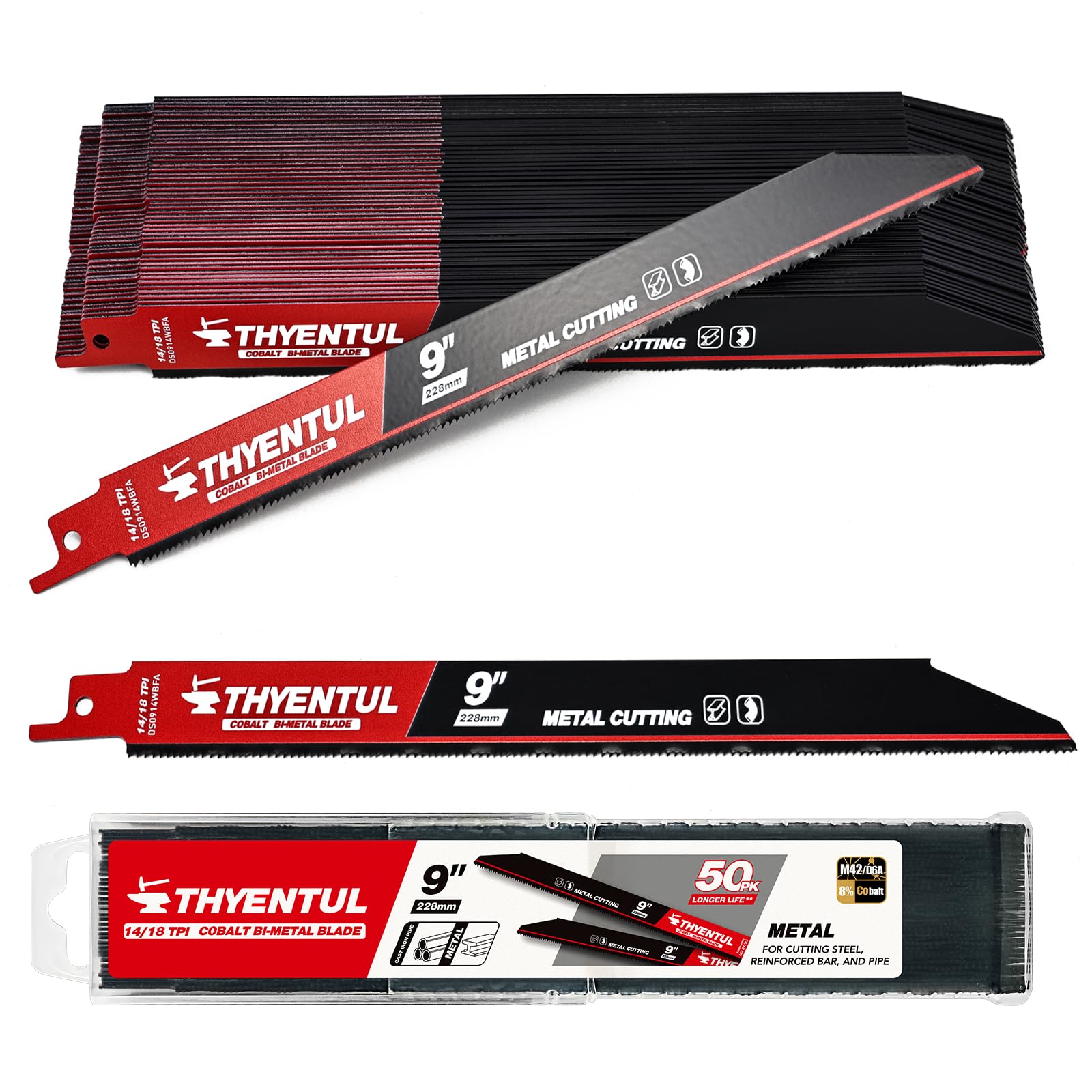 THYENTUL 50-pack 9-inch blades in a box for organized metal cutting tasks