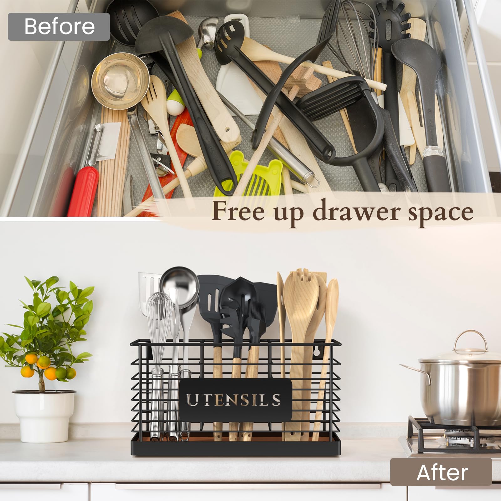 THYGIFTREE Utensil Holder top view highlighting three compartments for tools