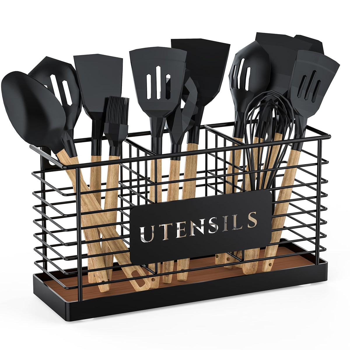 THYGIFTREE Utensil Holder front view in matte black for organized counter storage