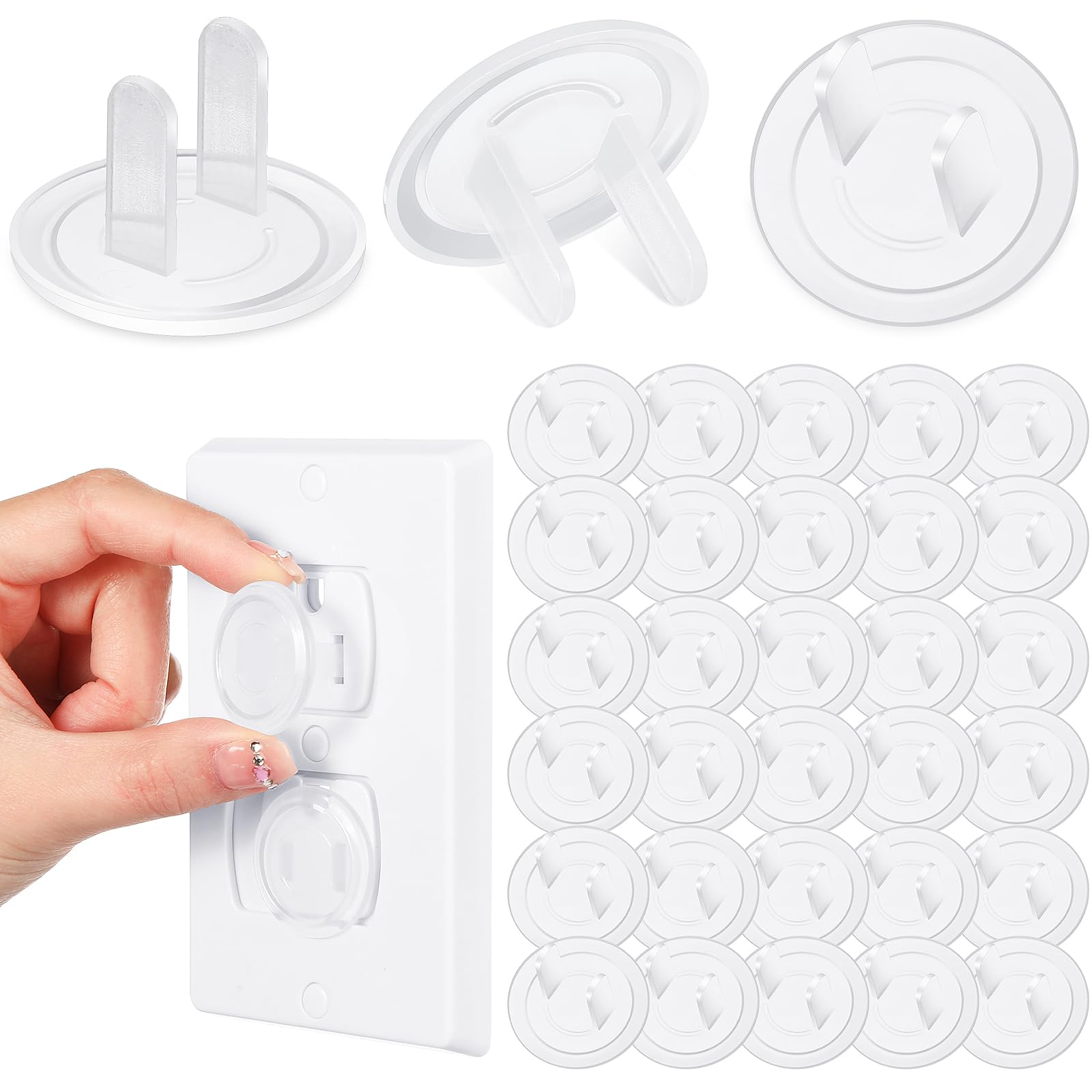 Thyle outlet covers 200-pack, assembly view showing quick install and durable PVC construction.