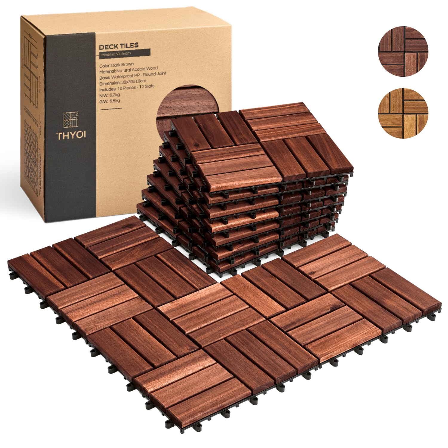 THYOI acacia deck tile top view with interlocking edges for outdoor patio setup.
