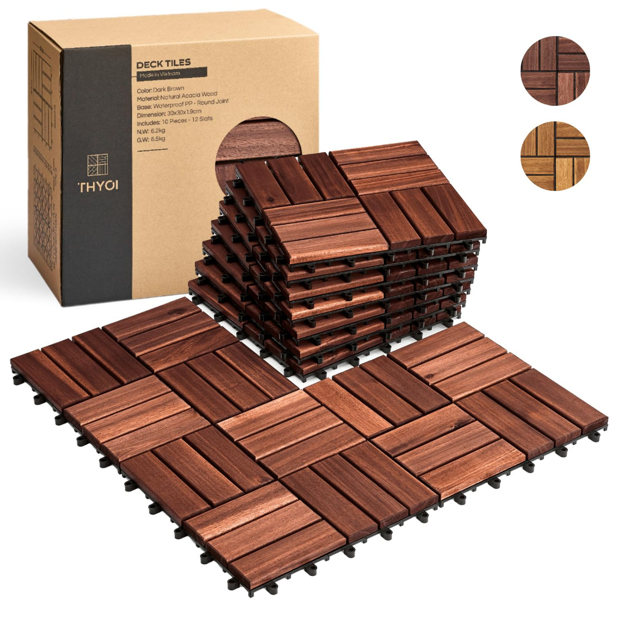 THYOI acacia deck tile top view with interlocking edges for outdoor patio setup.