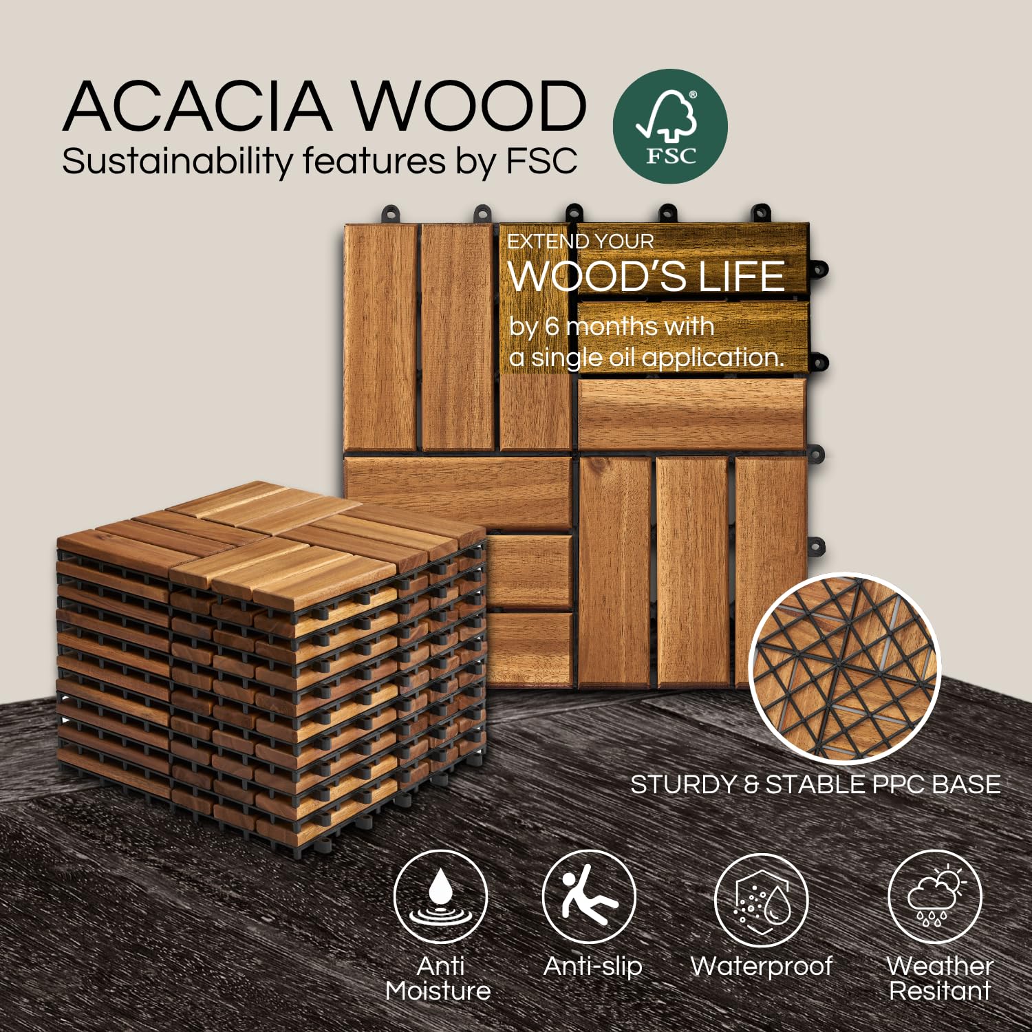 THYOI acacia deck tile interlocking system with snap-lock joints