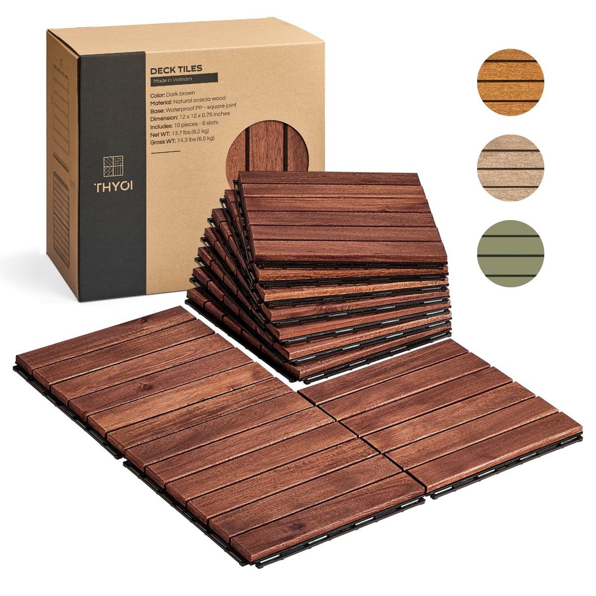THYOI deck tiles acacia wood closeup with premium texture and waterproof finish.