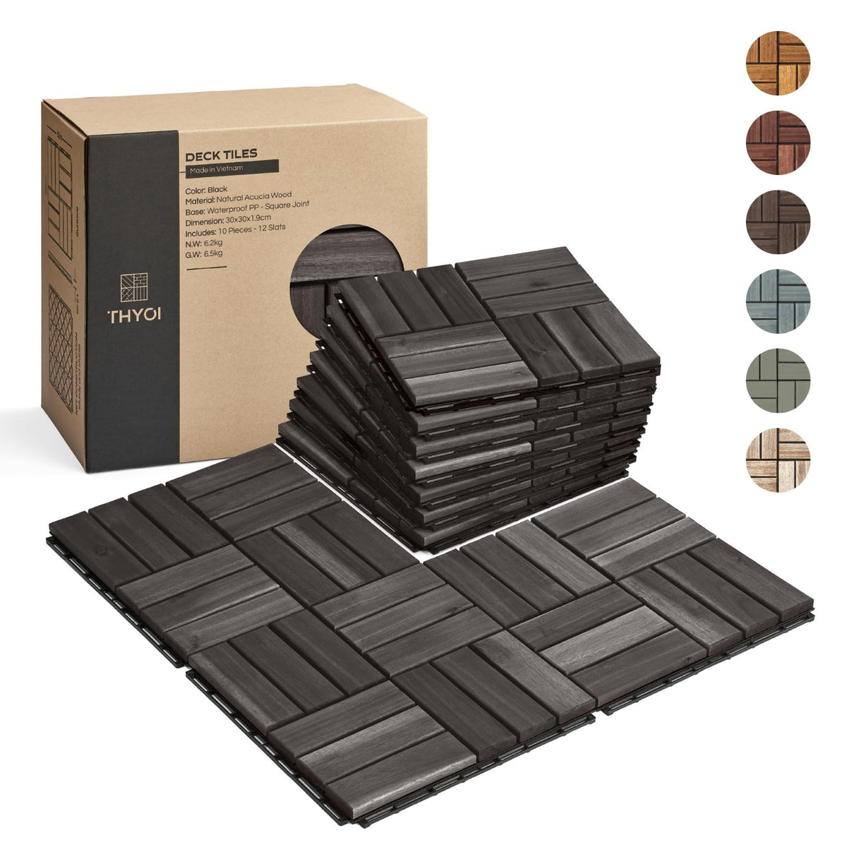 THYOI deck tiles acacia wood close-up showing durable outdoor surface