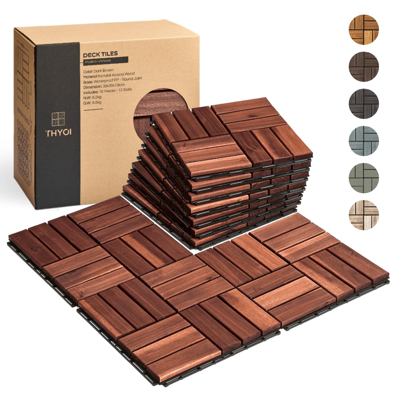 THYOI deck tiles in waterproof acacia wood for durable outdoor use.