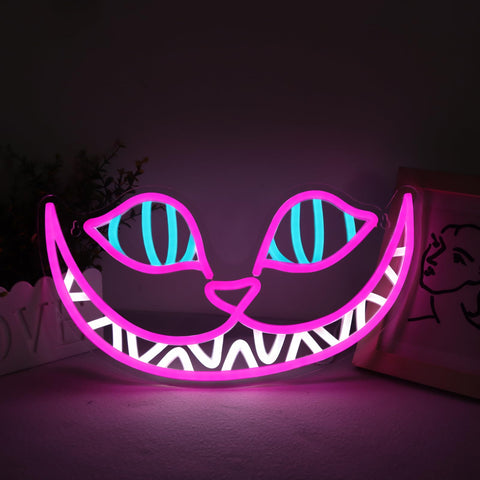 Tiabuy Cheshire Cat neon sign with smiling face glowing in a cozy bedroom