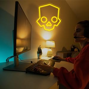 Tiabuy Skull Neon Sign features a yellow skeleton design for décor.