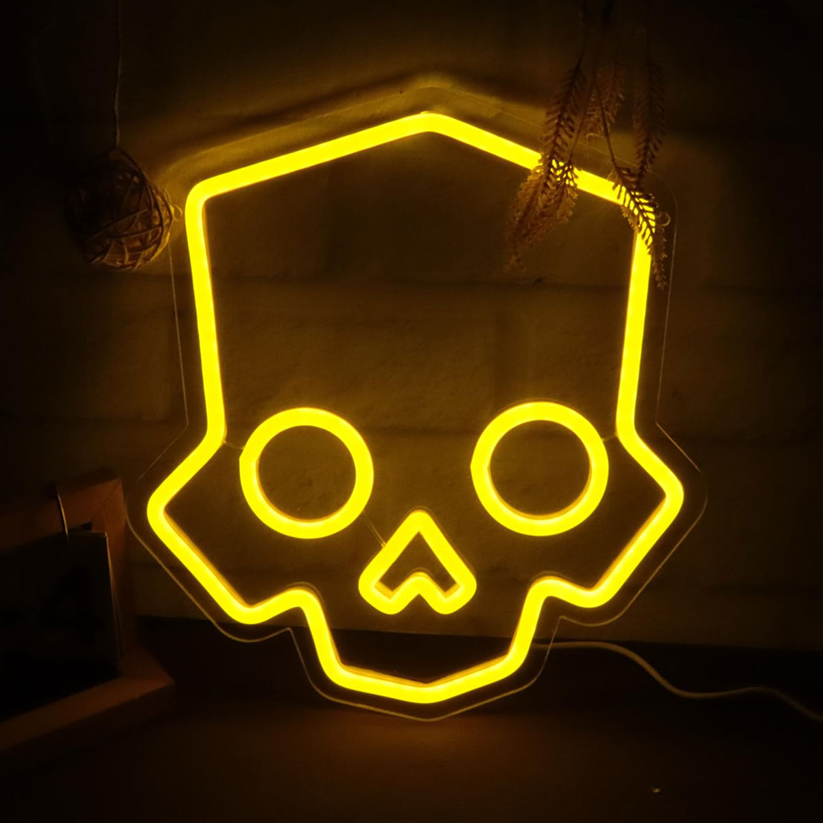 Tiabuy Skull Neon Sign glows bold yellow for game room ambiance.