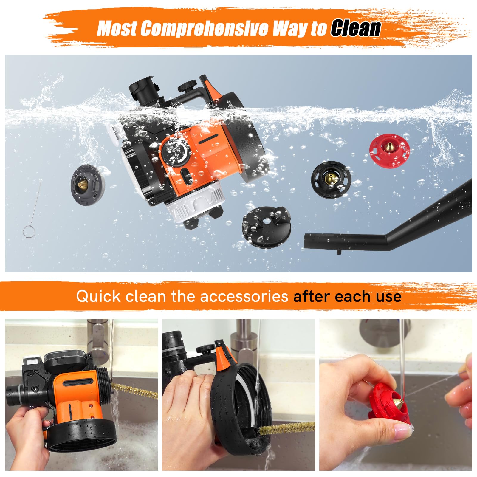 Easy-clean kit with brushes and needle for quick maintenance.