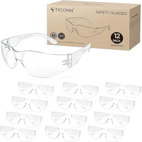 TICONN 12 clear safety glasses front view for durable eye protection on site.