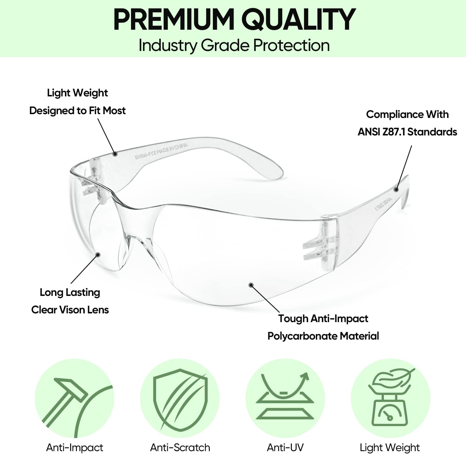 TICONN 12 clear safety glasses bridge detail highlighting comfortable fit.