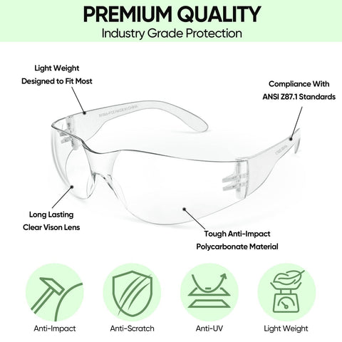 TICONN 12 clear safety glasses bridge detail highlighting comfortable fit.