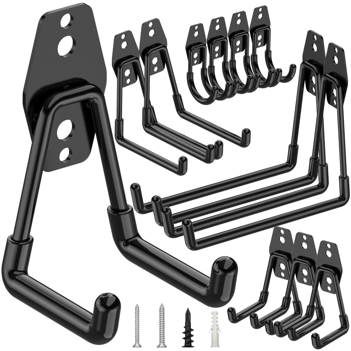 TICONN 12-pack heavy-duty garage hooks mounted on wall for ladders