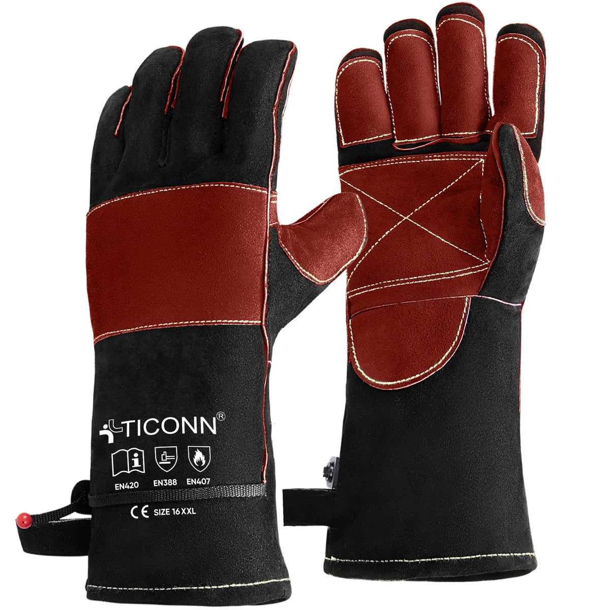 TICONN 16-inch welding gloves outer view showing heat-resistant leather exterior