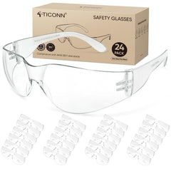TICONN 24-pack clear safety glasses with scratch-resistant lenses for durable protection.
