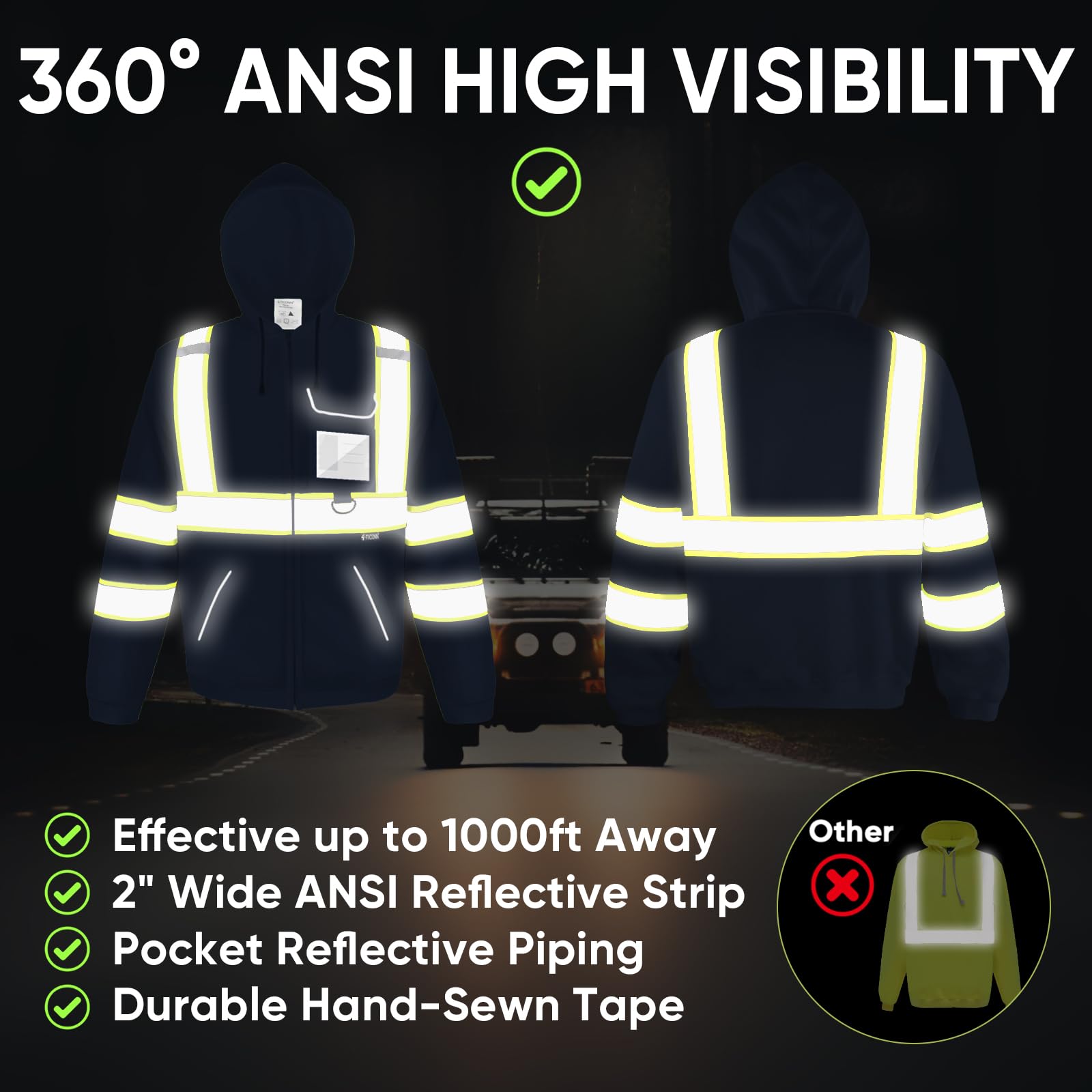 TICONN ANSI Class 3 reflective stripes hoodie side view for night safety