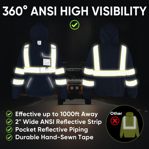 TICONN ANSI Class 3 reflective stripes hoodie side view for night safety