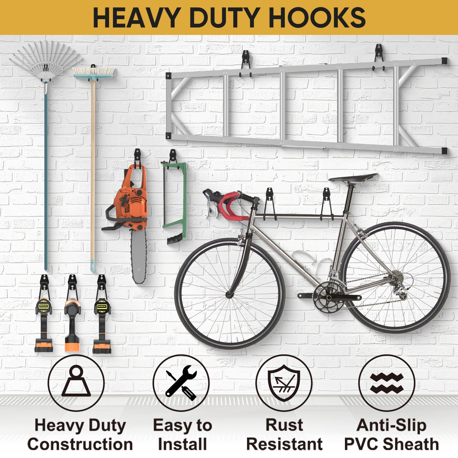 TICONN bicycle hung on garage hook to clear floor space.