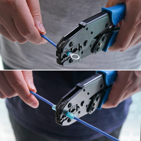TICONN blue-handle crimping tool reduces fatigue during electrical tasks.