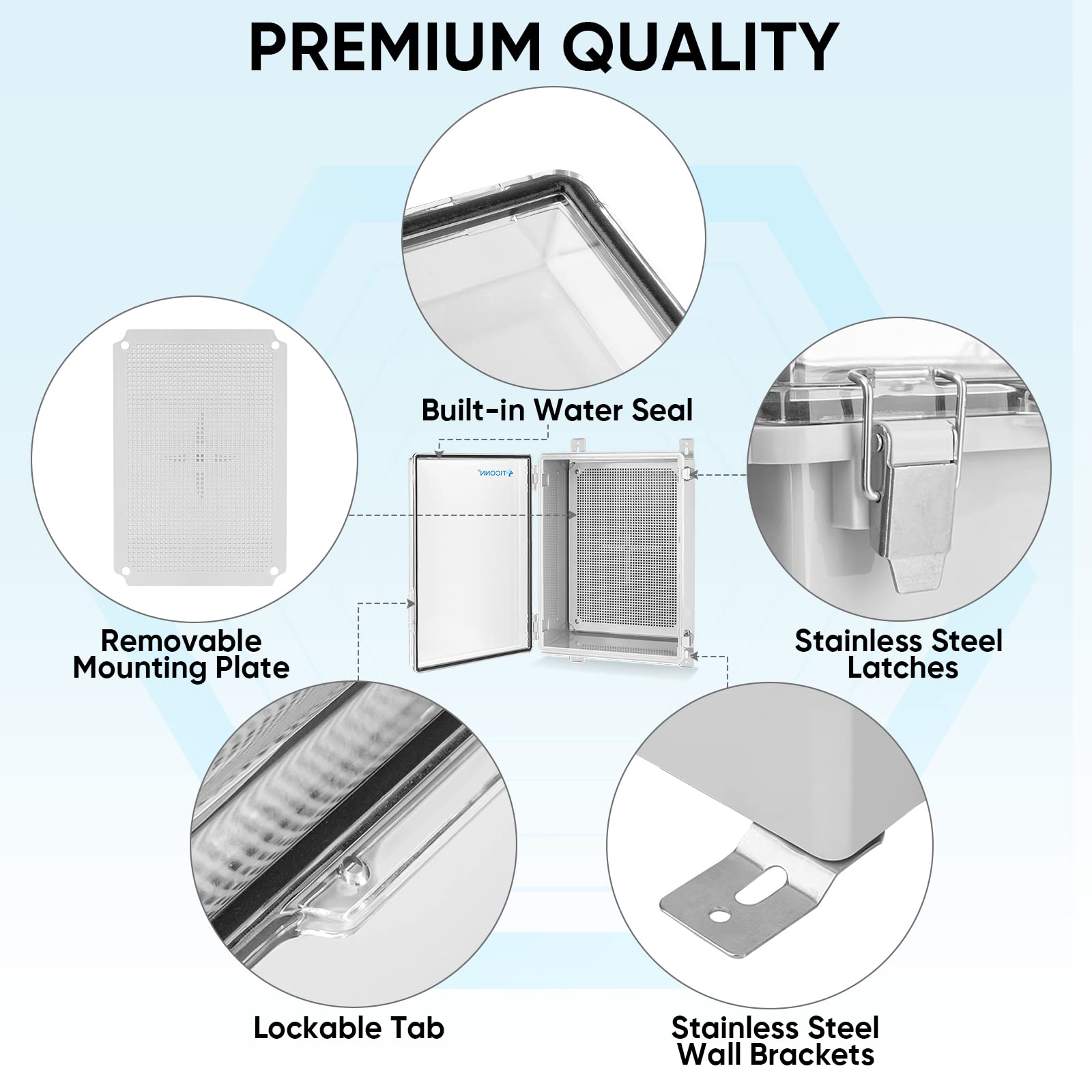 TICONN cable glands compatible with 3/8 and 1/2 inch NPT fittings.