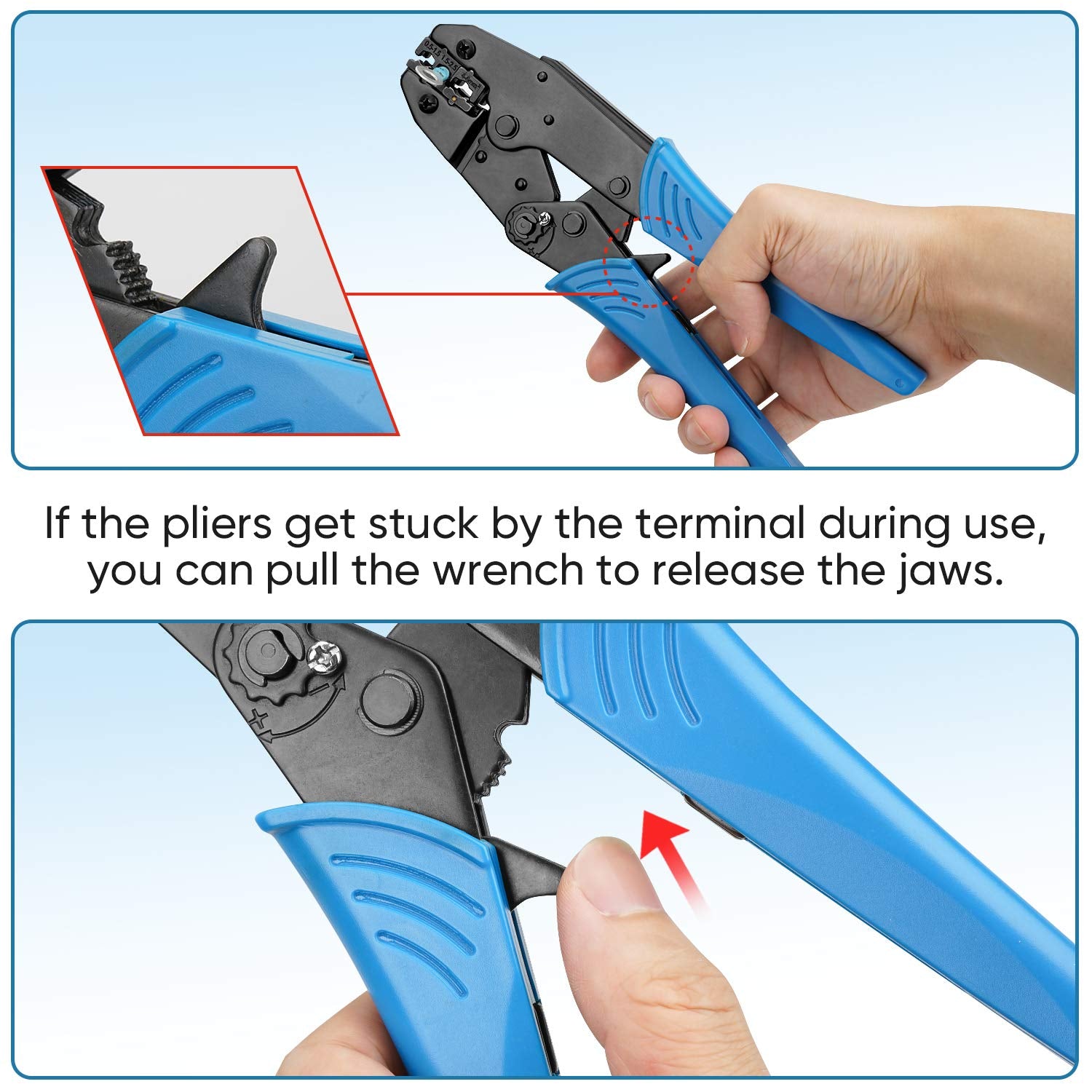 TICONN crimping pliers with ergonomic grip for AWG 22–10 splices.