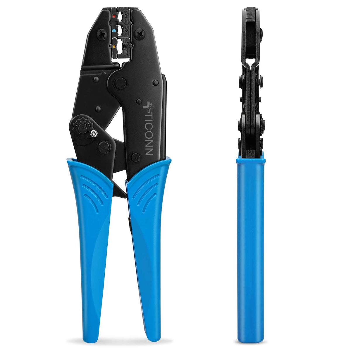 TICONN crimping tool for heat-shrink connectors shows precise crimps for secure connections.