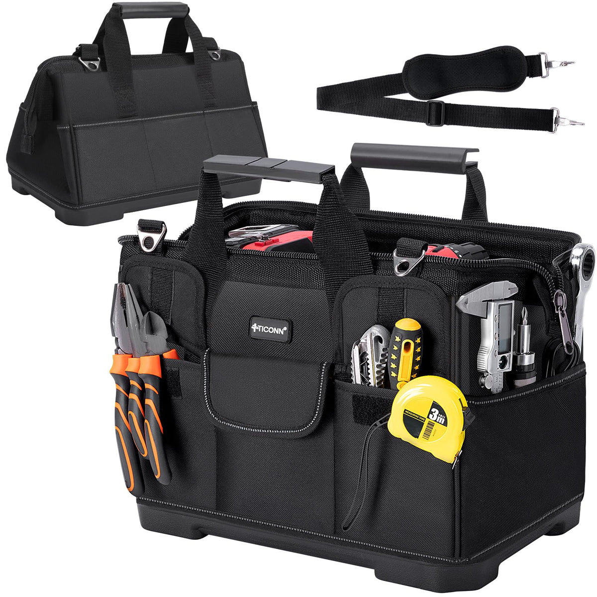 TICONN heavy-duty tool bag with open mouth for easy loading and quick tool access.
