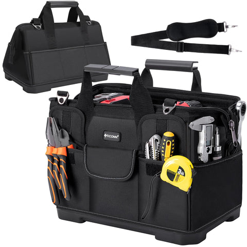 TICONN heavy-duty tool bag with open mouth for easy loading and quick tool access.