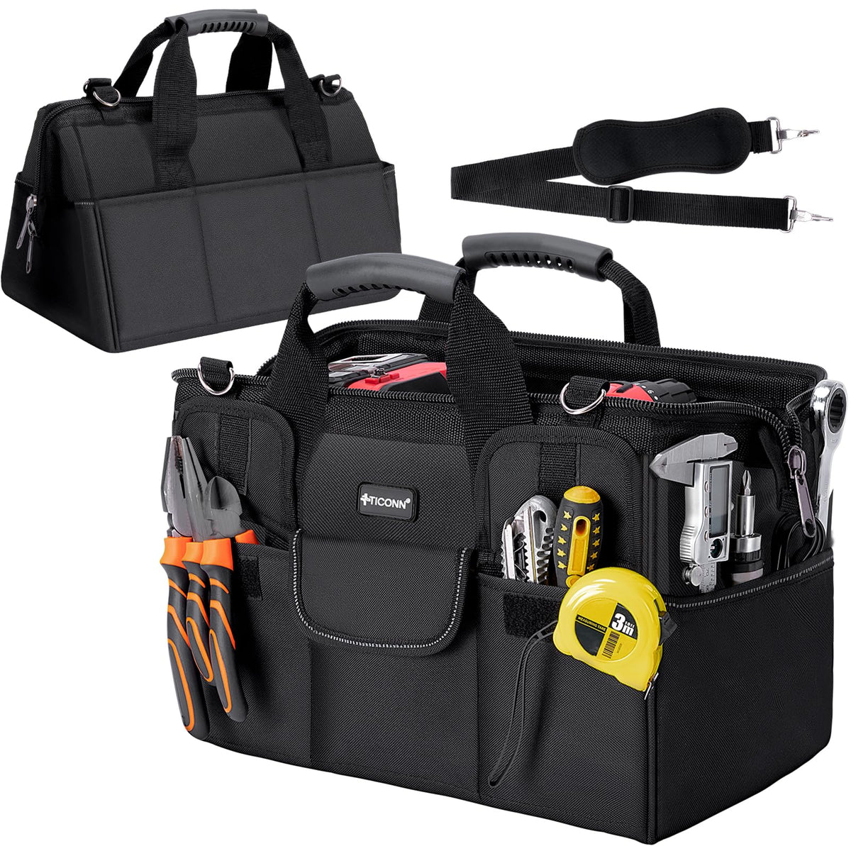 TICONN heavy-duty tool bag with multi pockets for quick tool access on job sites.