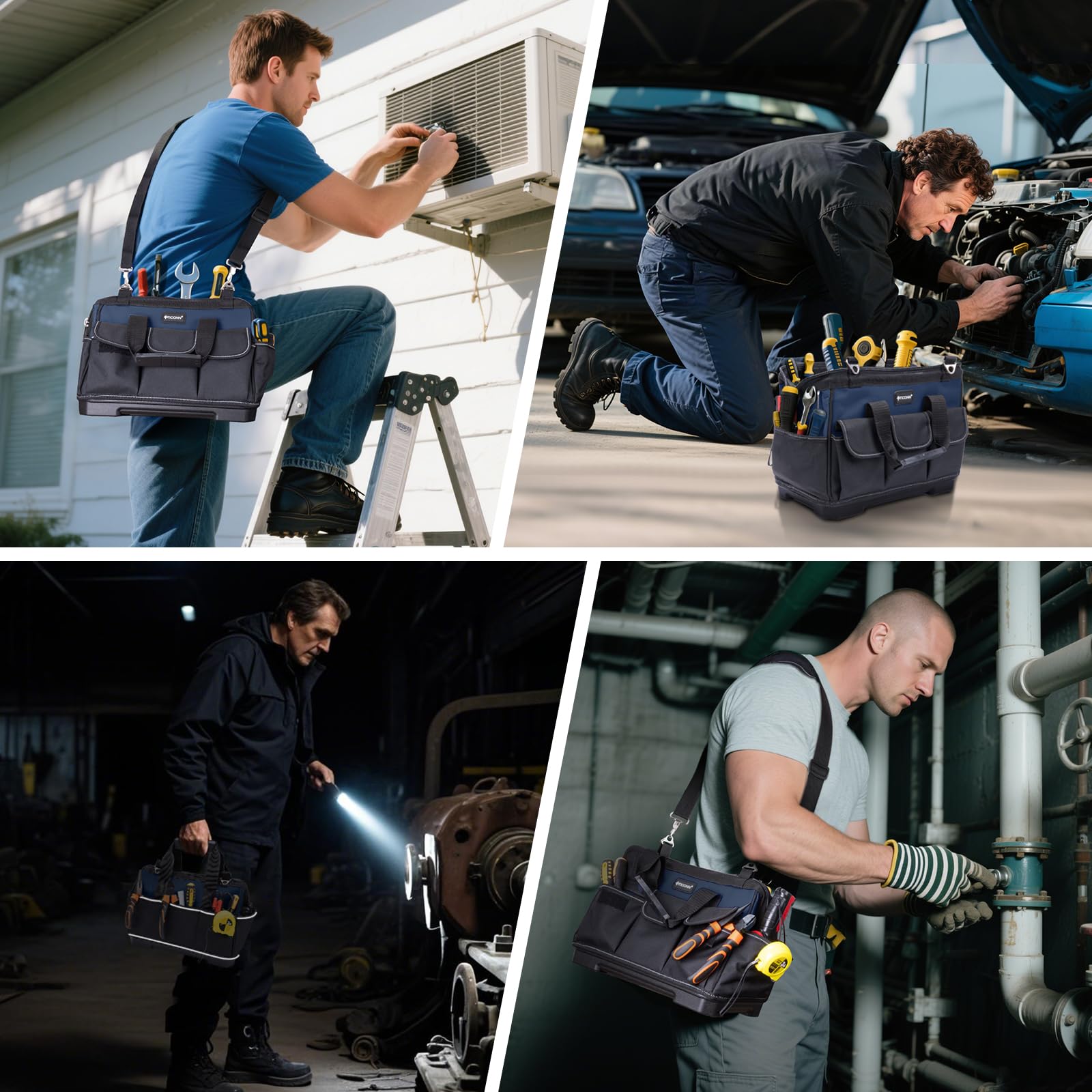 TICONN reinforced zippers on heavy duty tool bag durability