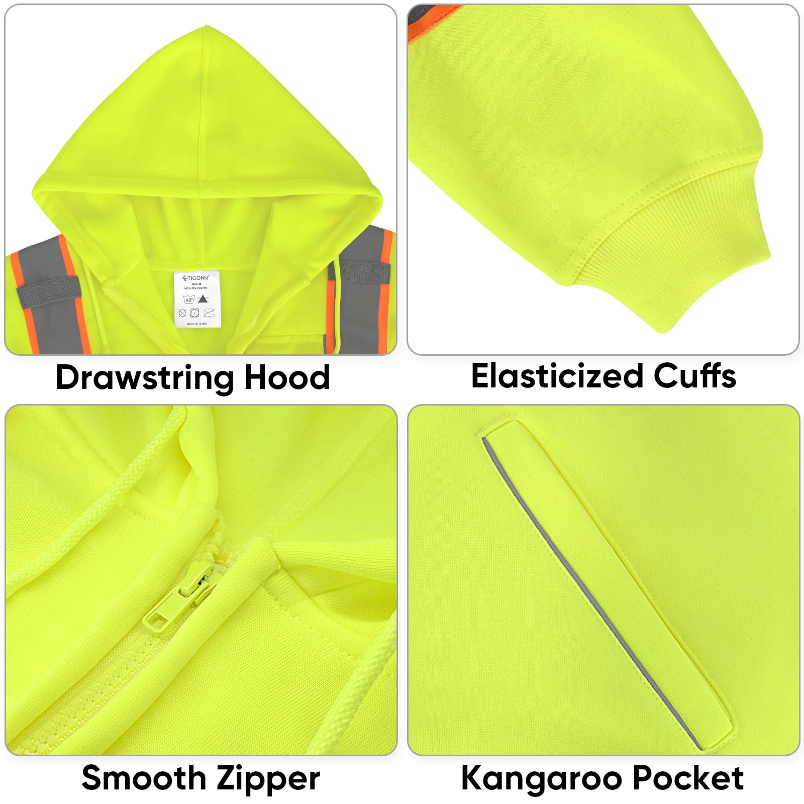 TICONN hi-vis hoodie back view showing bright yellow color and reflective accents.