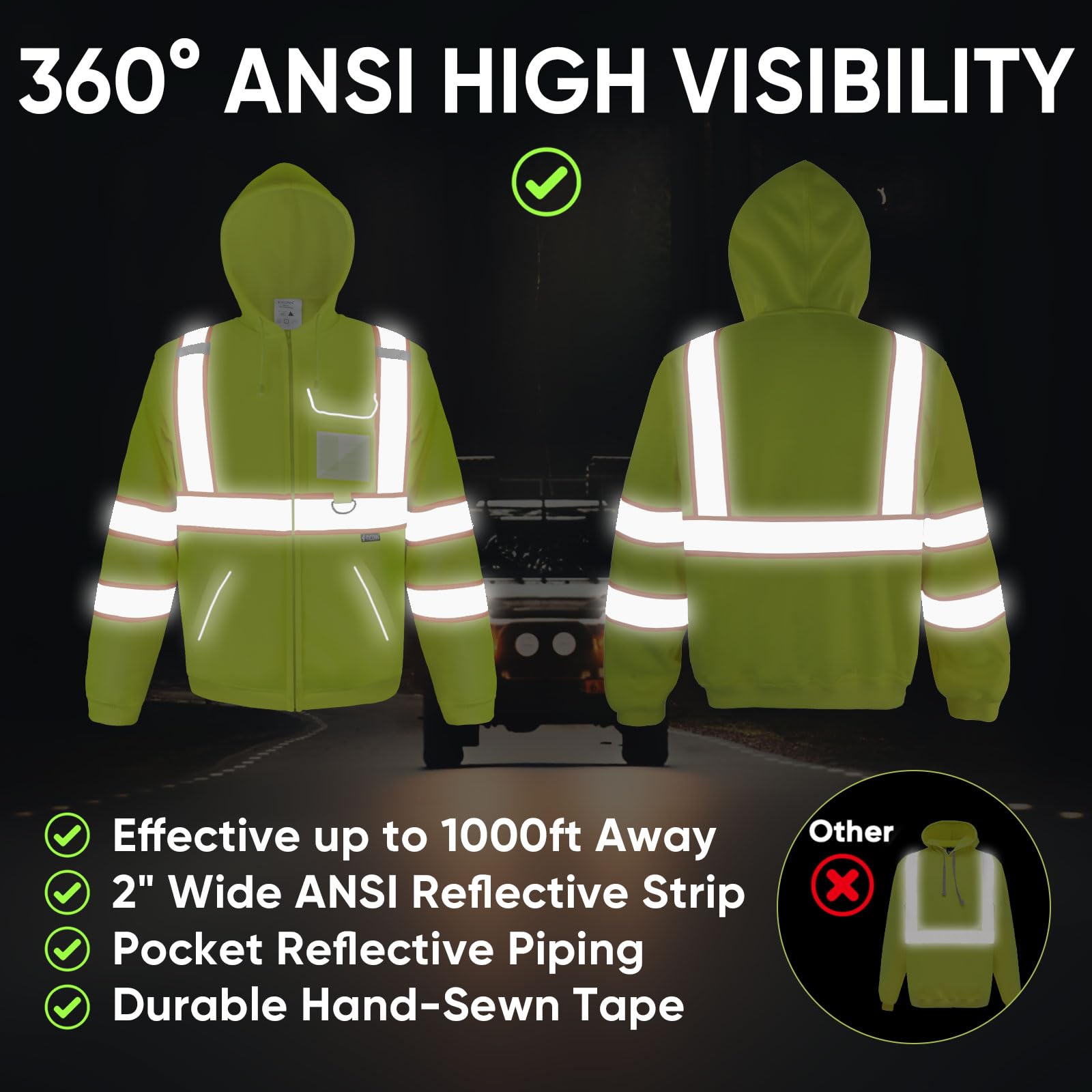 TICONN hi-vis hoodie side view highlighting reflective strips for night visibility.