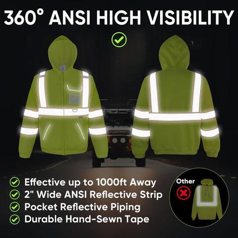 TICONN hi-vis hoodie side view highlighting reflective strips for night visibility.