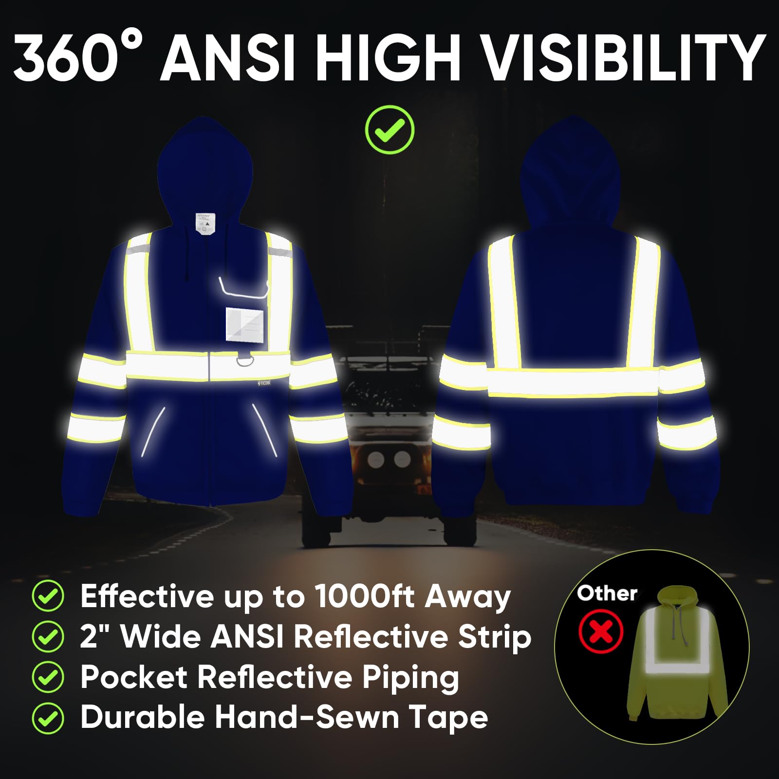 TICONN hi-vis safety hoodie back view emphasizing coverage
