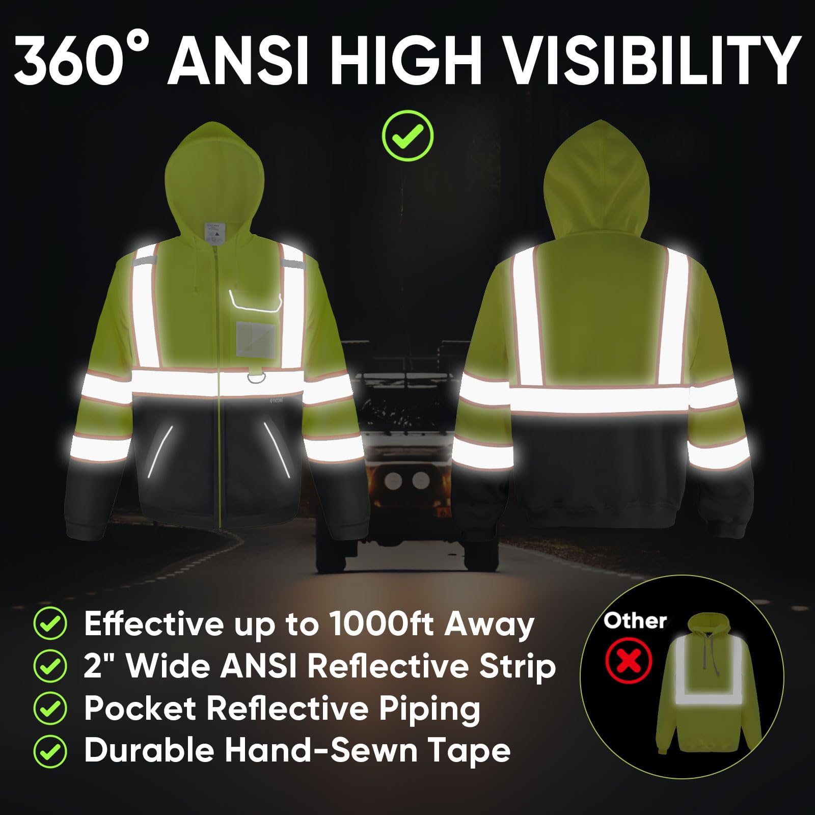 TICONN hi-vis safety hoodie back view showing yellow black design and durable fabric