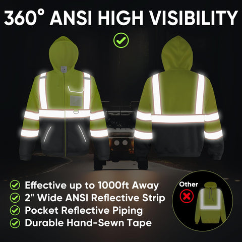 TICONN hi-vis safety hoodie back view showing yellow black design and durable fabric