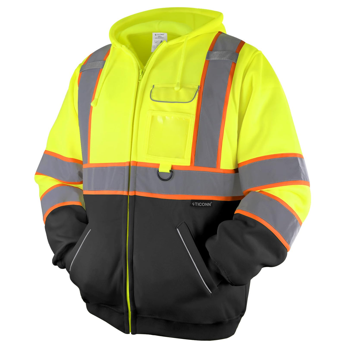 TICONN hi-vis safety hoodie front view with reflective strips for enhanced low-light visibility