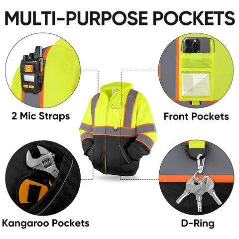 TICONN hi-vis safety hoodie reflective strips close-up for day and night visibility